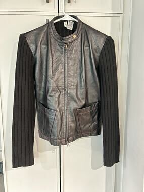 Vintage Twiggy London Black Leather Bomber Jacket Wool Knit Sleeves Women's S